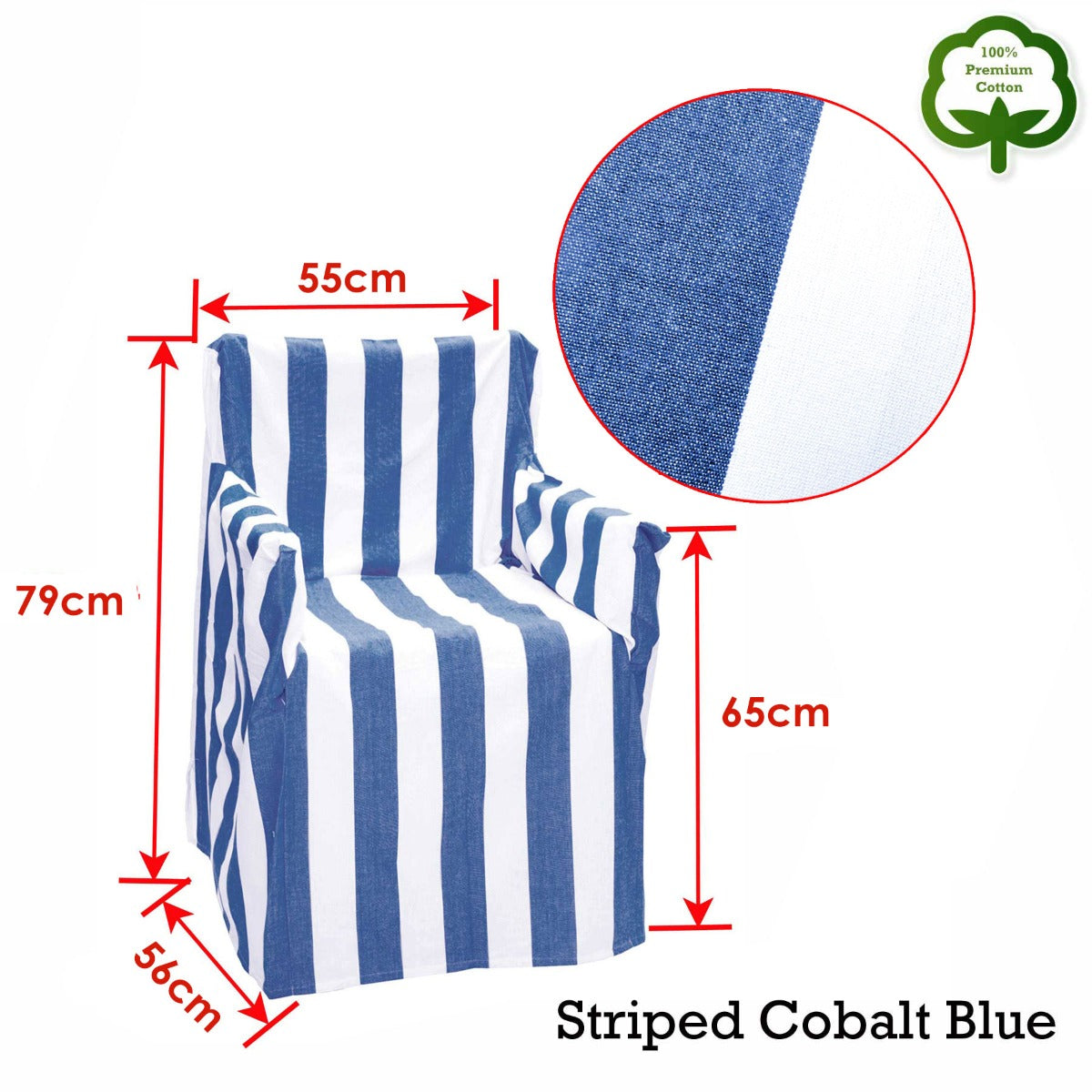 Cotton director chair cover with cobalt-and-white stripes, 79 x 55 x 65 cm