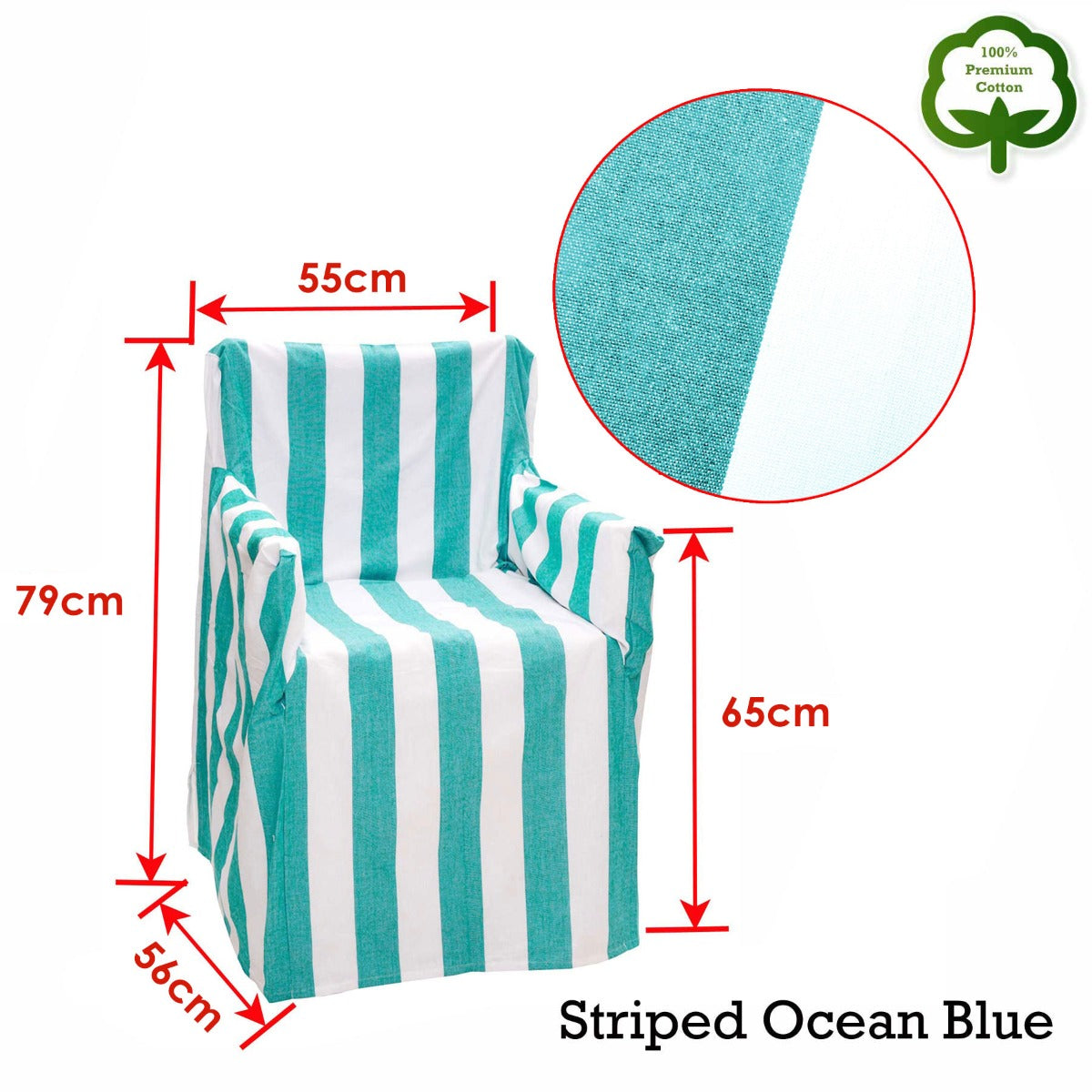 Striped director chair cover in ocean blue and white, showing side panels and seams