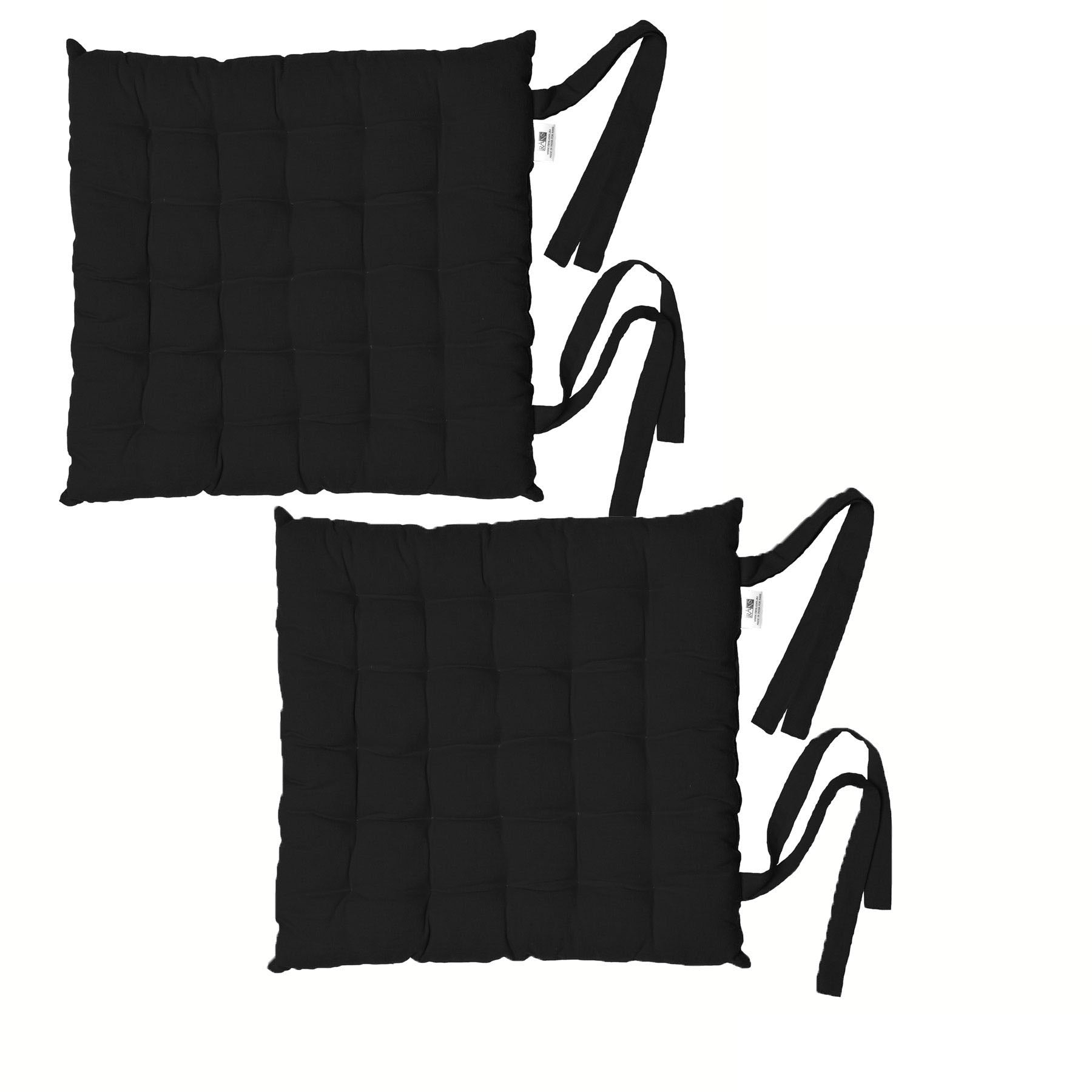 Set of 2 black cotton square chair pads with ties, quilted grid pattern.