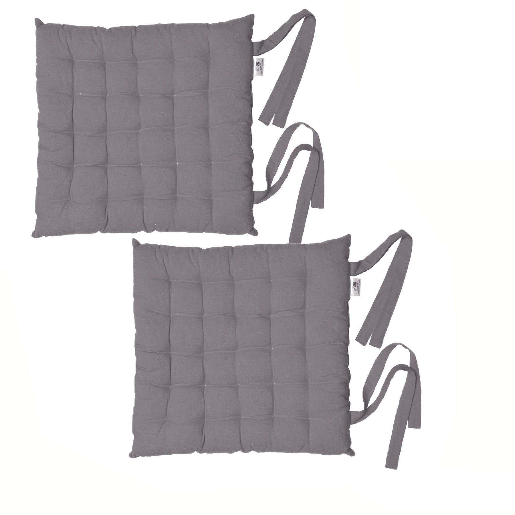 Set of 2 charcoal cotton chair pads with square quilted pattern and corner ties