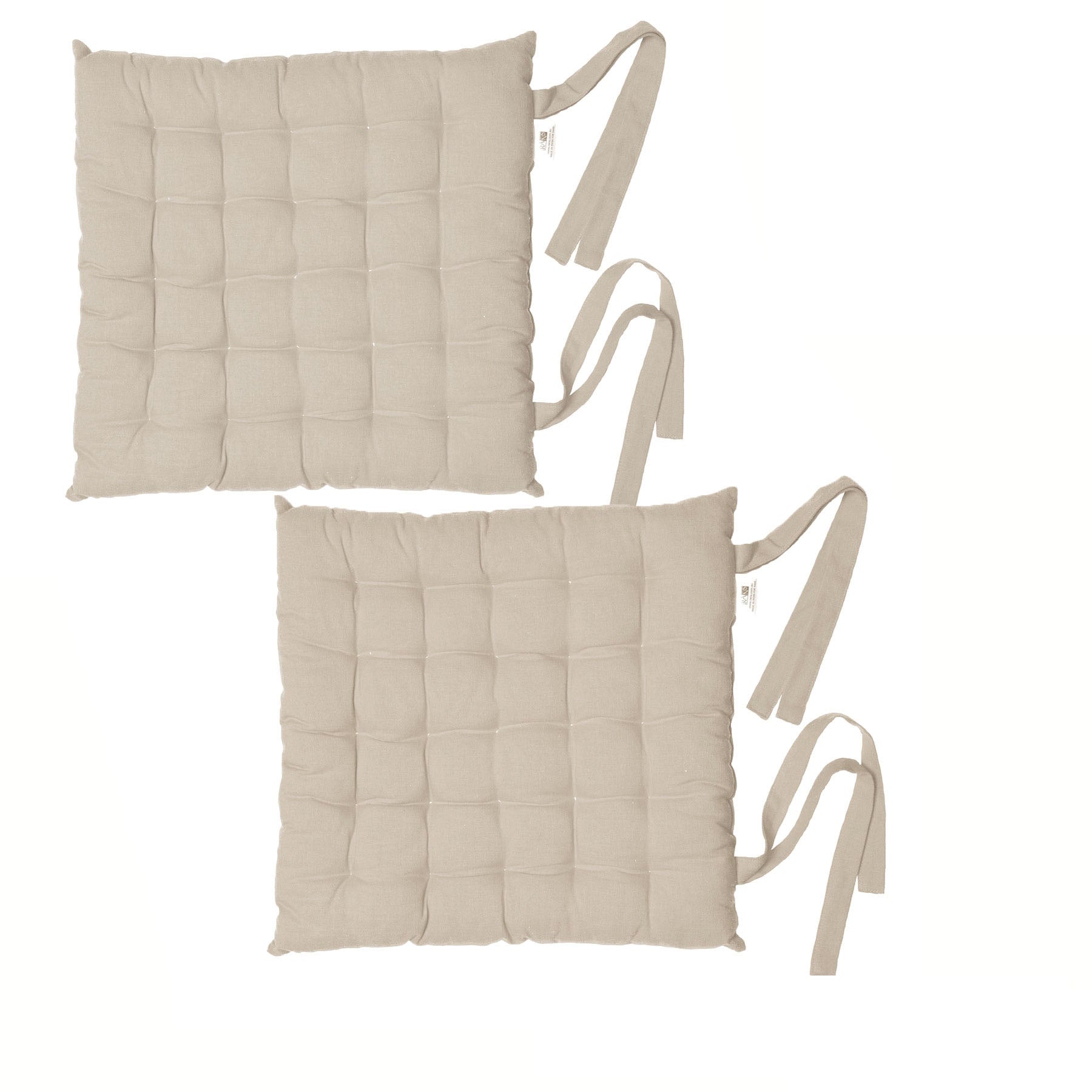 Set of 2 square oatmeal cotton chair pads with stitched grid and fabric ties