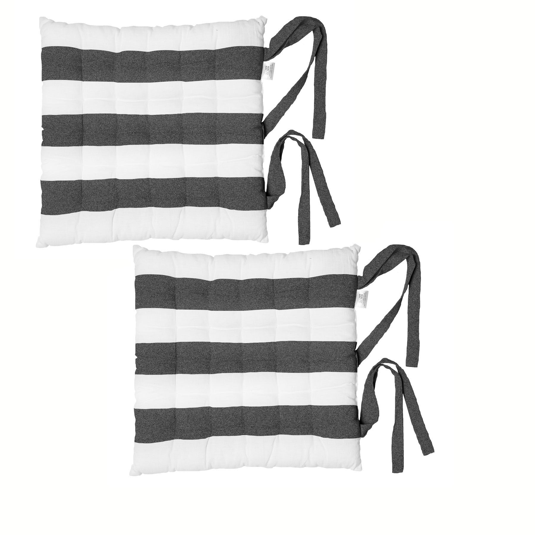 Set of 2 cotton chair pads, square charcoal and white striped with tied corners