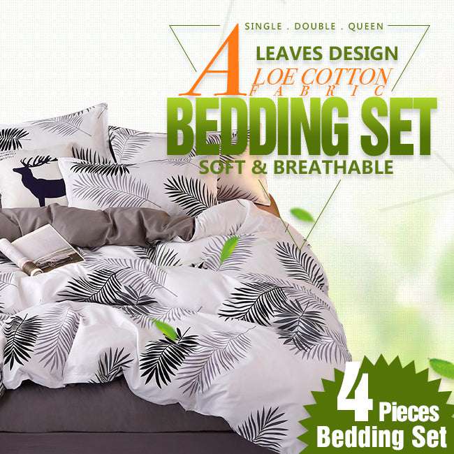 Palm Leaves Pattern Aloe Cotton Flat Sheet Quilt Cover Pillowcases 4pcs Bedding Set (Queen)