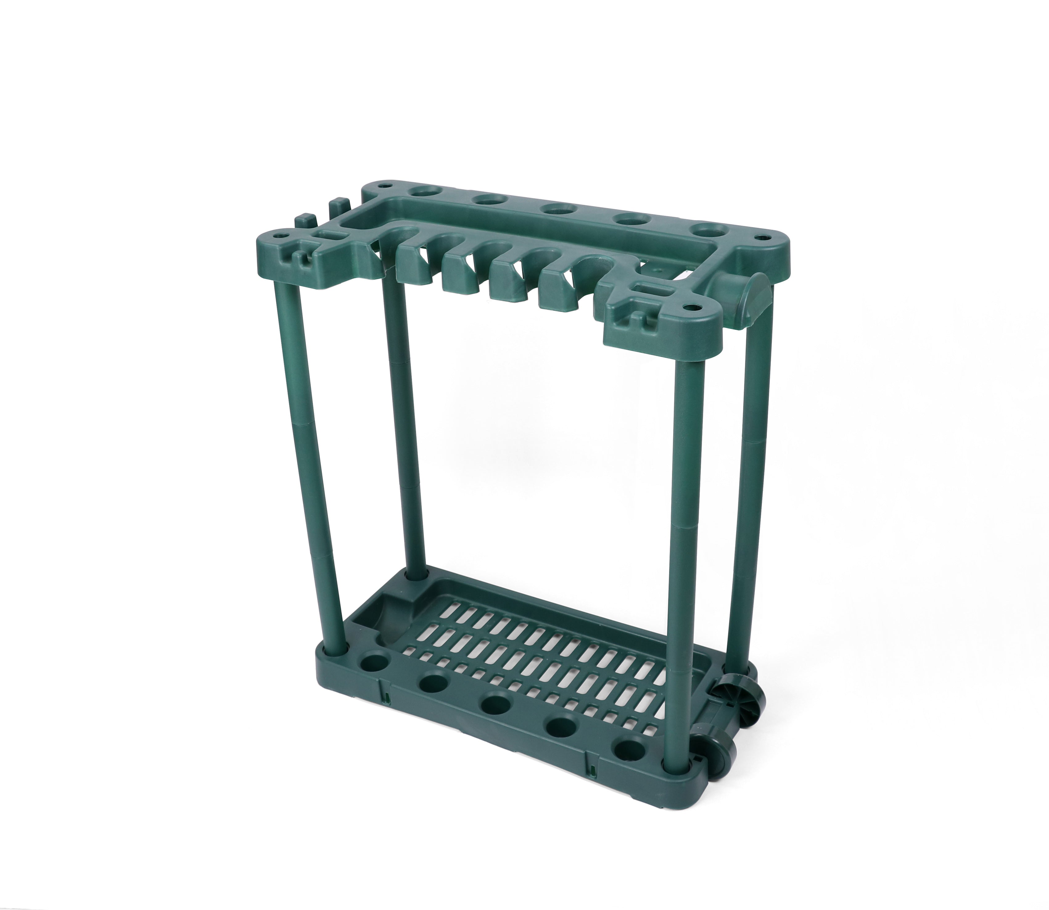 Plastic garden tool rack with green frame and upright handle holders, plus bottom tray