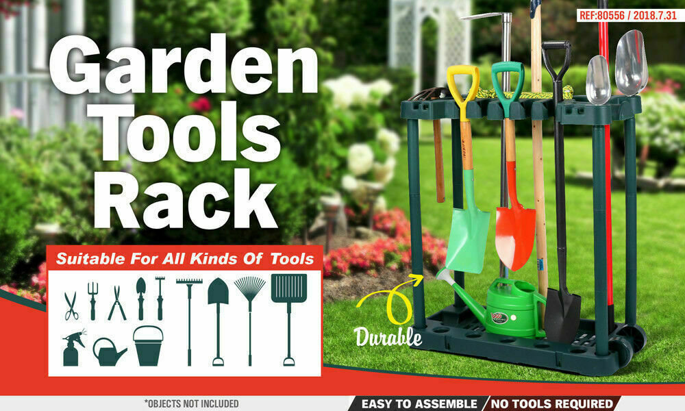 Rolling garden tool rack holding multiple tools with upright handles on a green stand