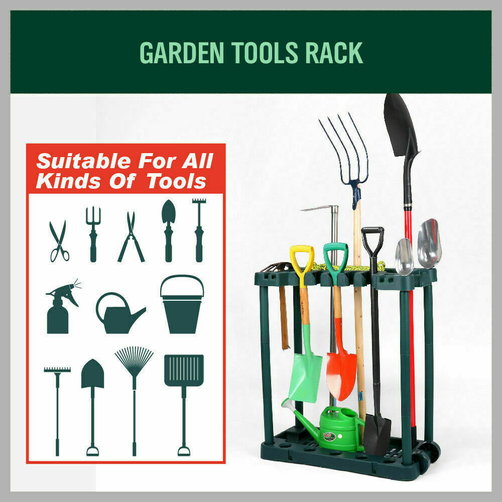 Plastic yard tool rack in green with upright holders and base tray for tools