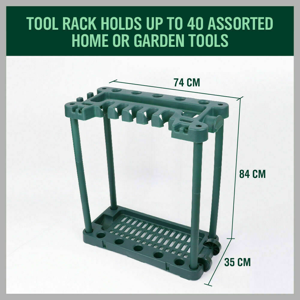 Green plastic garden tools rack with upright holders and perforated bottom tray
