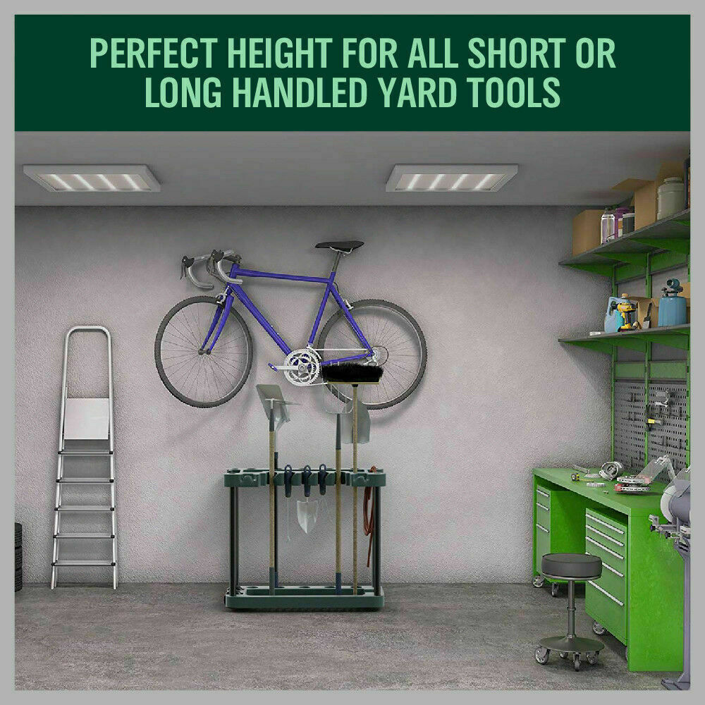 Rolling yard tool rack with green frame holding tools upright on a bottom tray