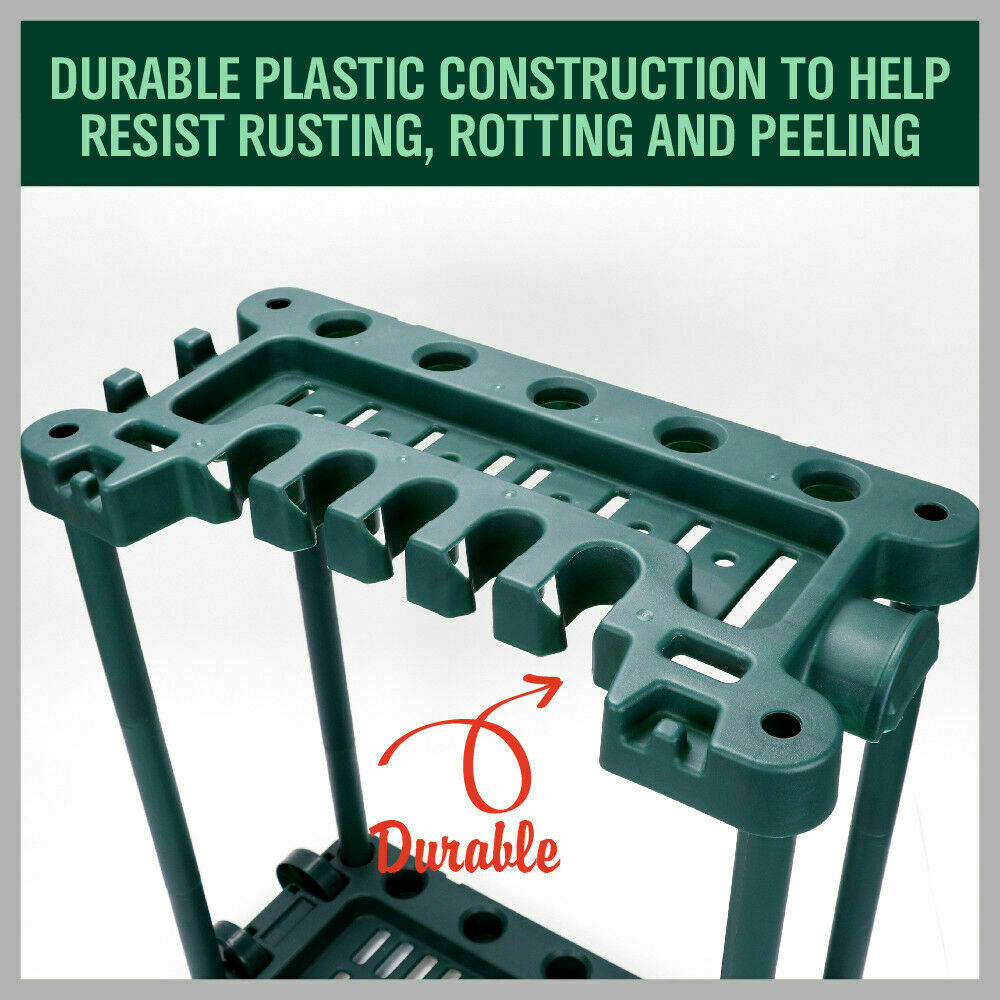 Green plastic garden tool rack top with multiple curved handle slots