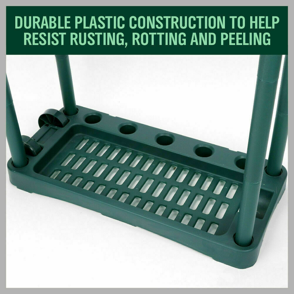 Green plastic tool rack base tray with grid-style ventilation and side posts