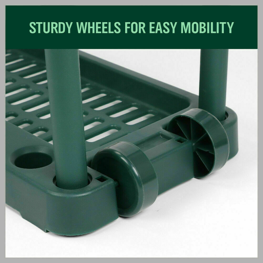 Rolling tool rack with green wheels and base frame