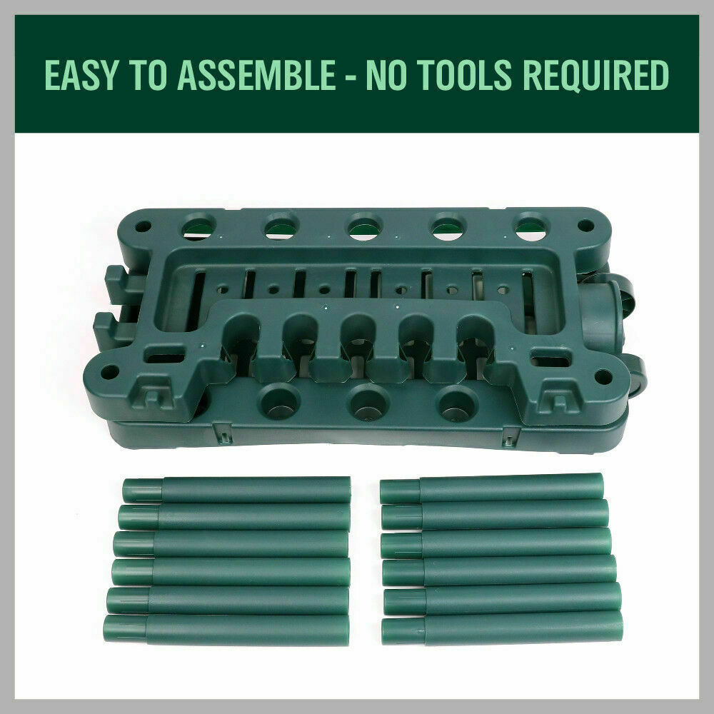 Green plastic tool rack components with rods and base frame parts