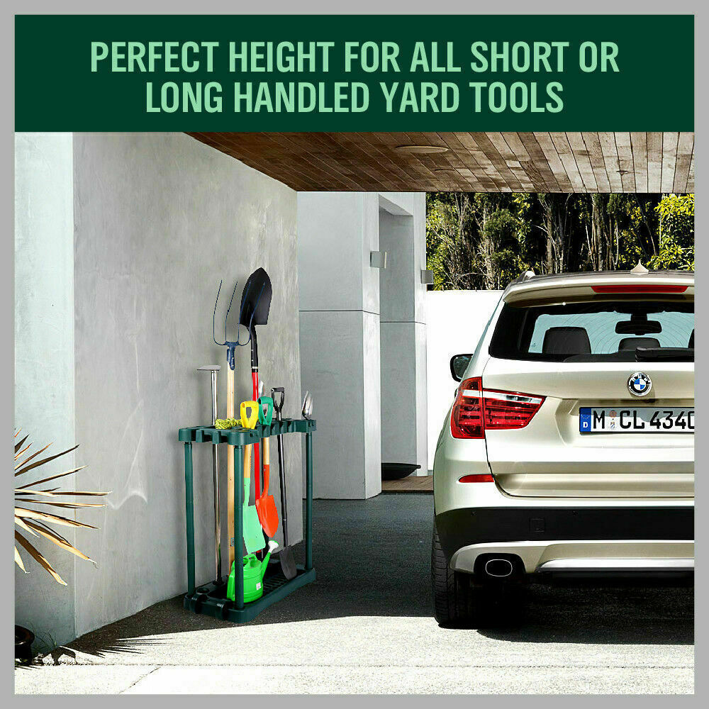 Rolling yard tool rack holding tools upright on a green wheeled frame