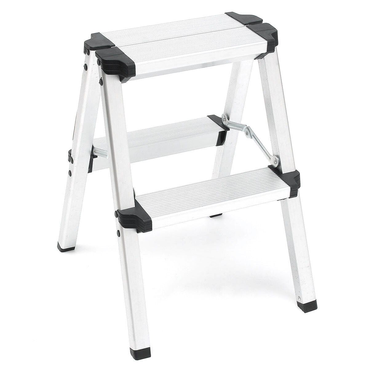 2-step folding ladder with anti-slip steps, aluminum frame, white legs