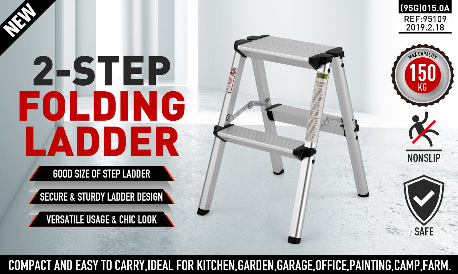 2-step folding ladder in open position with anti-slip steps, aluminum frame