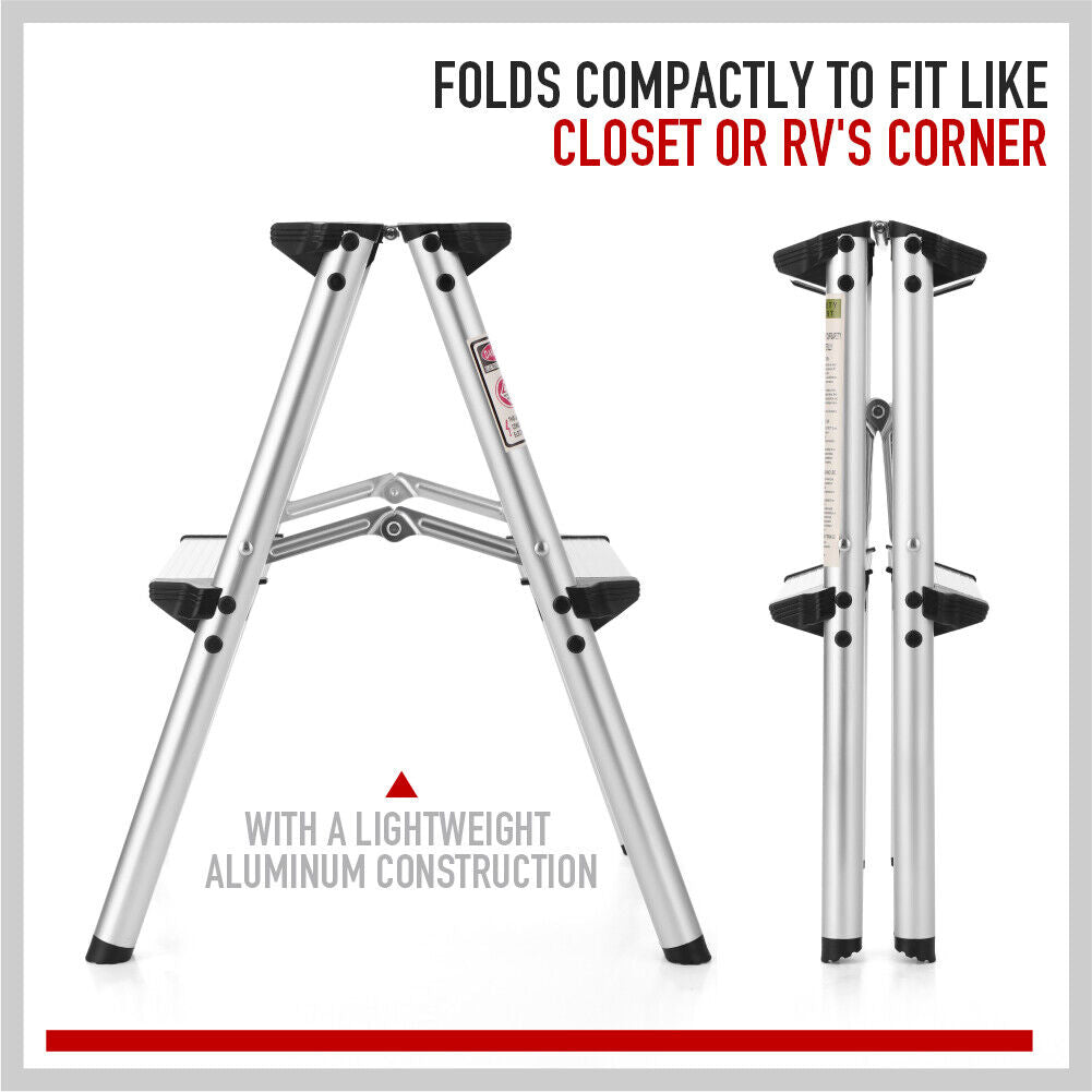 2-step folding ladder shown folded and extended, aluminum frame, non-slip pads