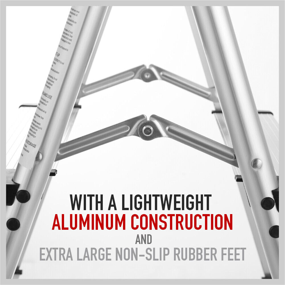 2-step folding ladder hinge detail with non-slip rubber feet, aluminum frame