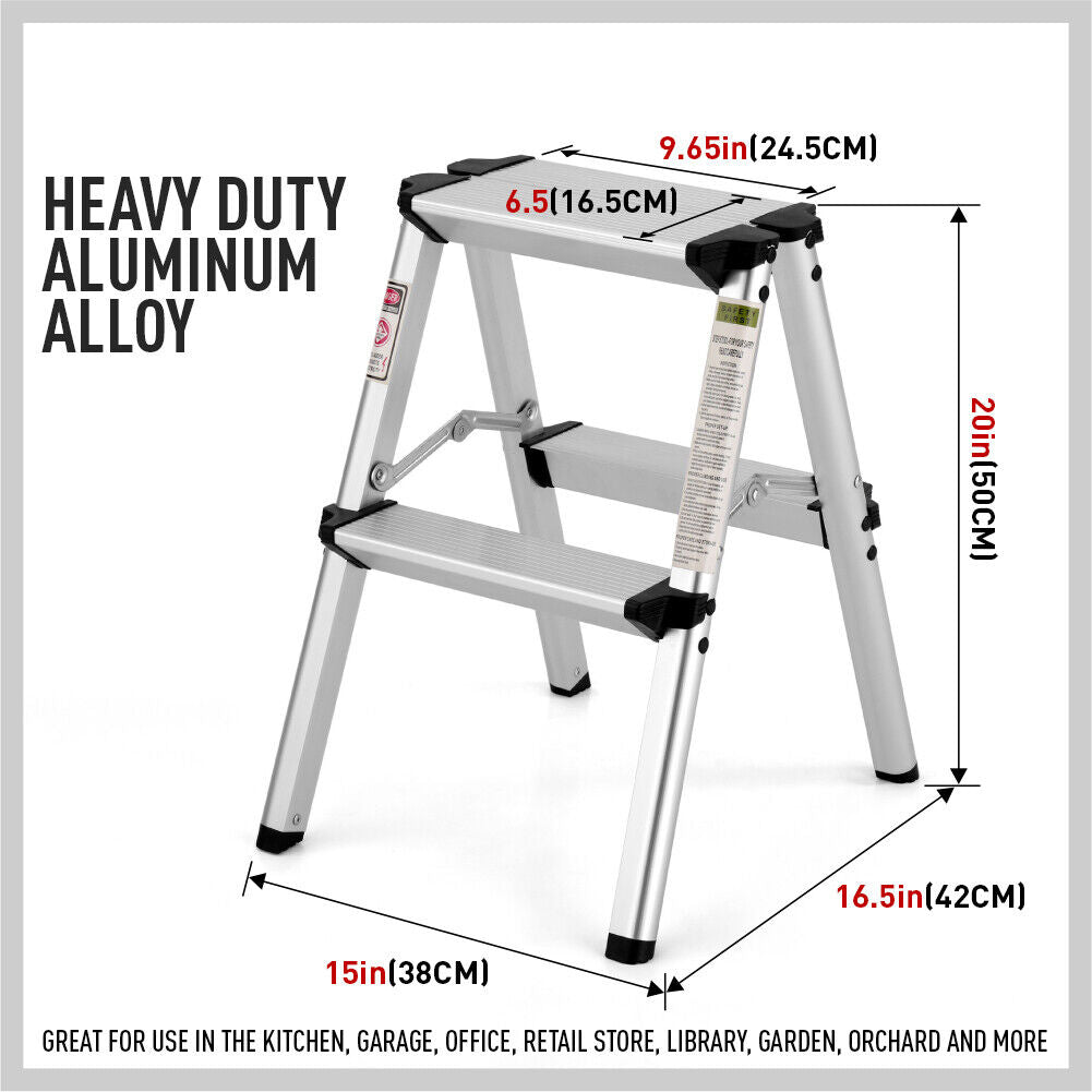 2-step folding ladder with anti-slip steps, aluminum frame, size dimensions shown