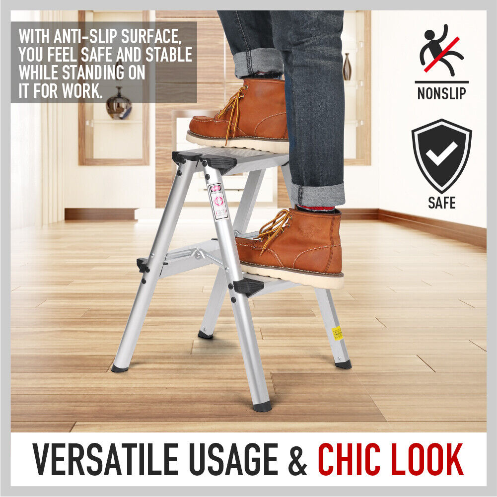 2-step folding ladder with anti-slip top step surface and rubber feet, aluminum frame
