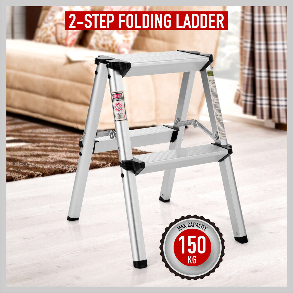 2-step folding ladder with anti-slip steps and 150 kg max capacity, aluminum frame