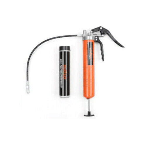 Manual grease gun with orange barrel, black grip, and flexible hose with coupler