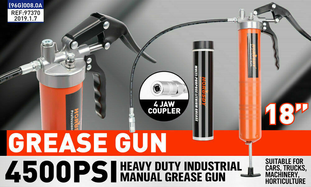 Orange manual grease gun with metal coupler, black flexible hose, and grease cartridge