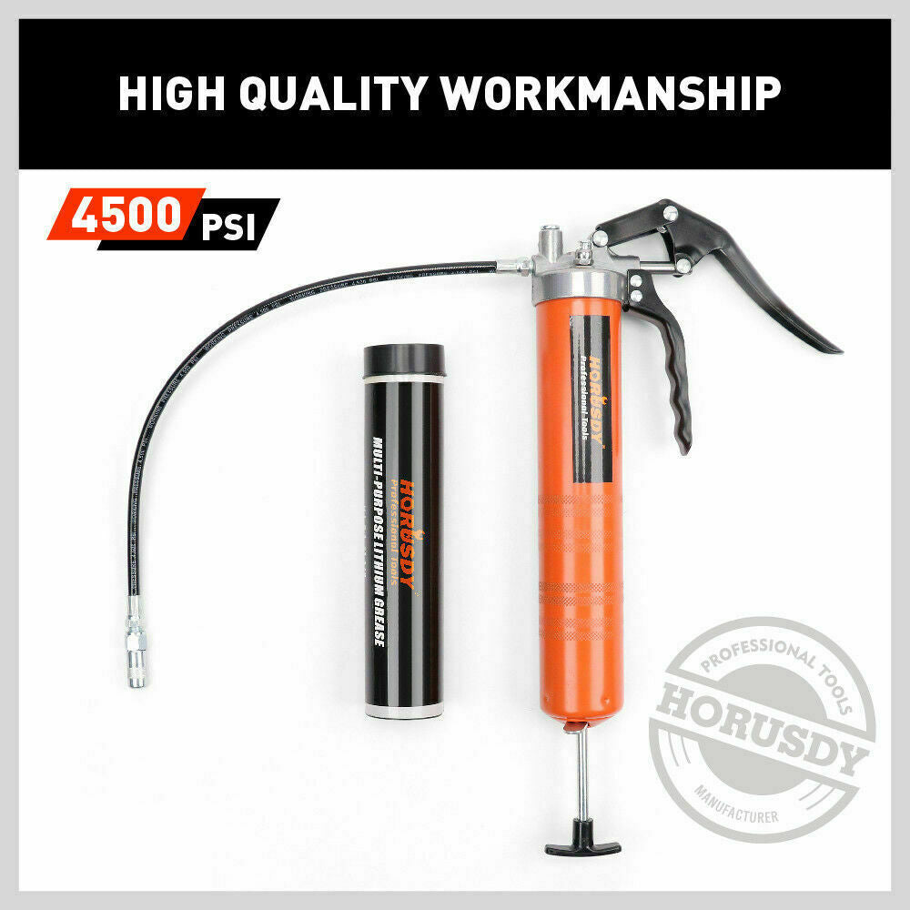 Orange manual grease gun with black handle, curved hose, and separate grease cartridge