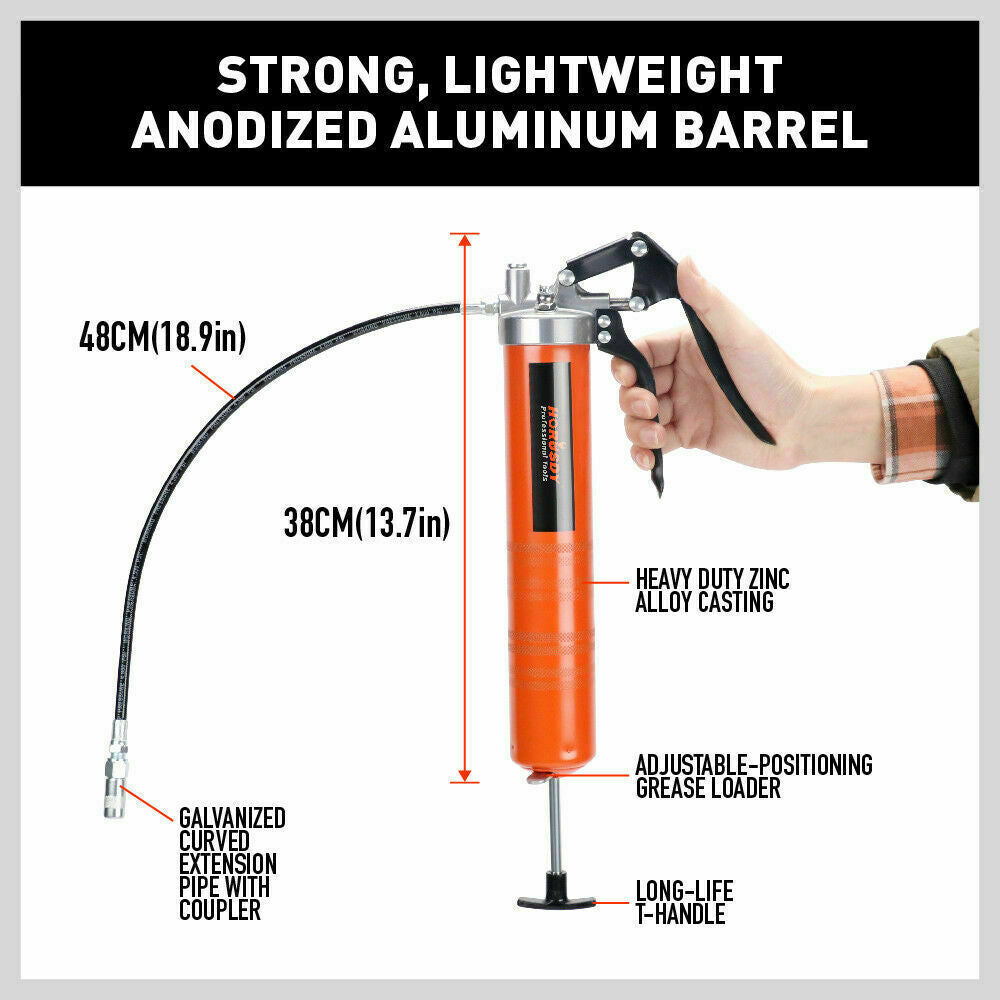 Orange manual grease gun with adjustable loader stand, black hose, and metal coupler