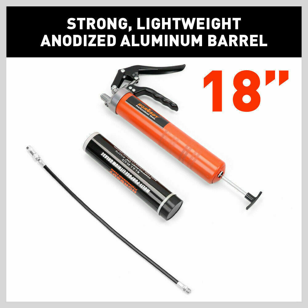 Manual grease gun set with orange barrel, black grip, black hose, and grease cartridge