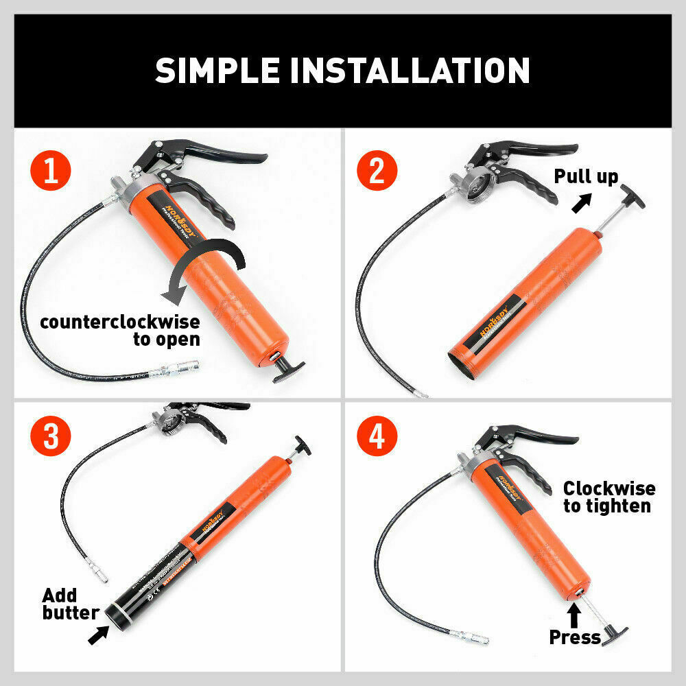 Manual grease gun with lever and hose connection showing loading and tightening steps