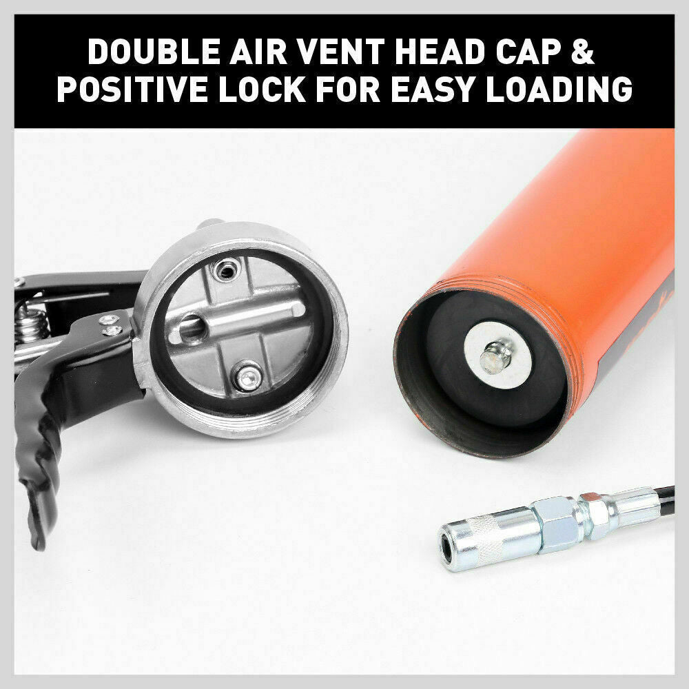 Grease gun nozzle head with dual air vent cap and locking loading mechanism