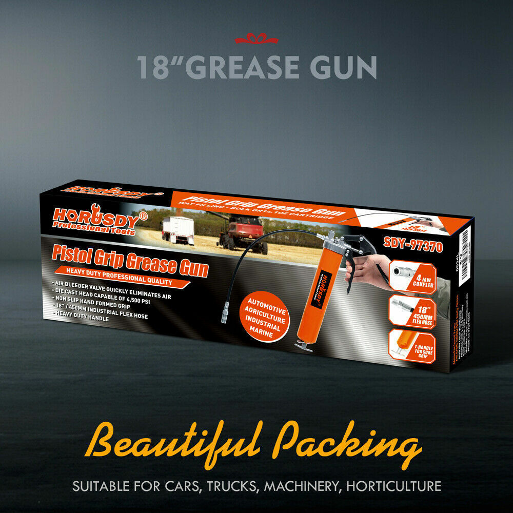 Product box packaging for a manual pistol-grip grease gun with orange and black design