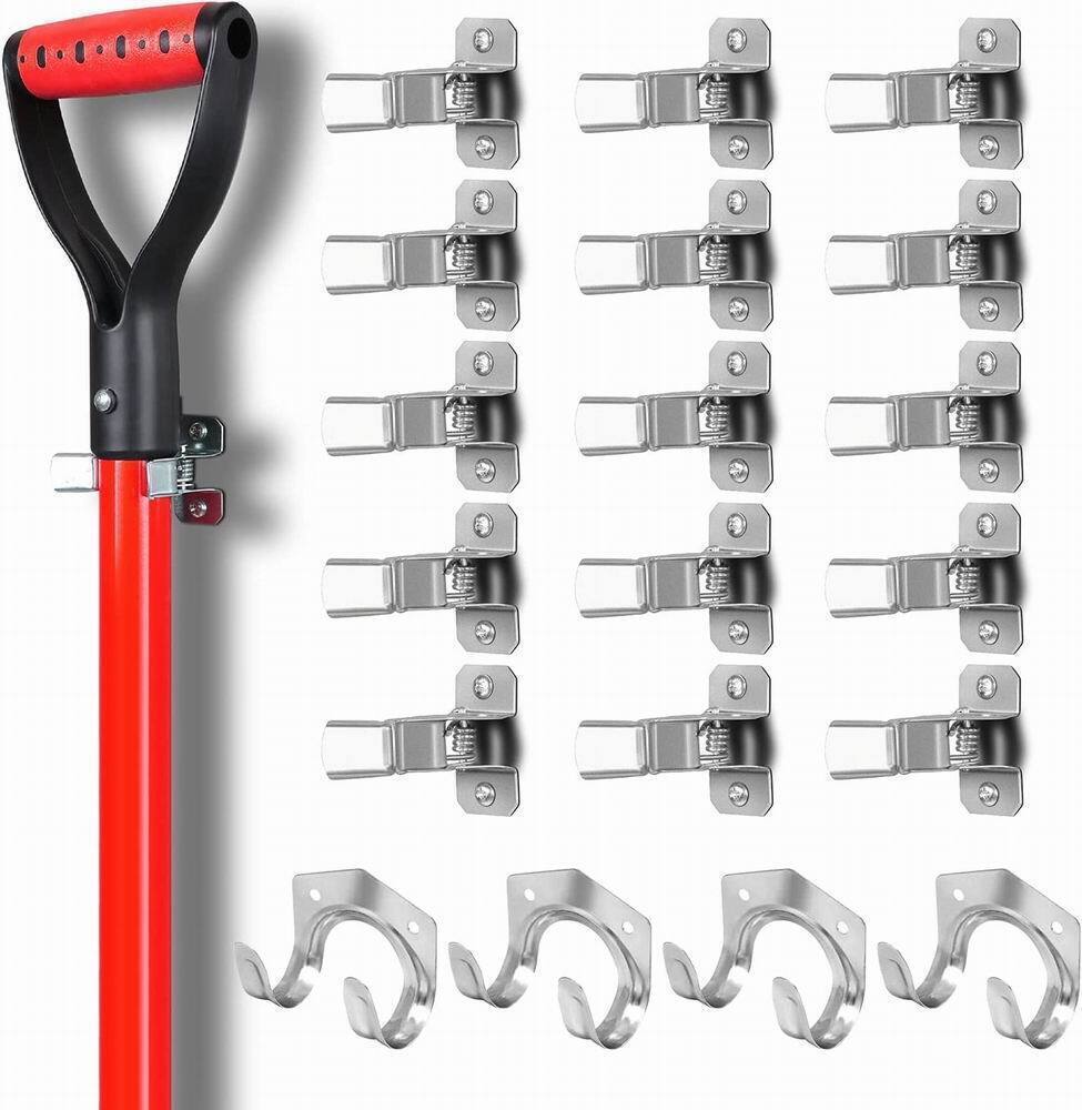 Wall-mounted spring grip mop holder clips with black grips and silver metal clamps