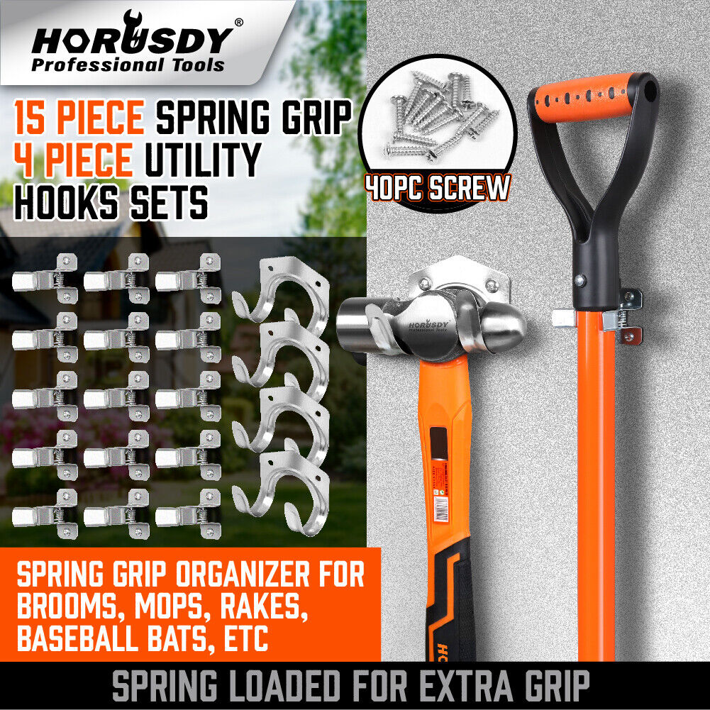 Wall-mounted spring grip utility hooks set with orange screw and black grips, metal clips