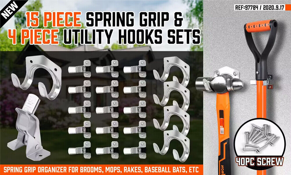 Wall-mounted spring grip utility hooks set with black U grips and orange handles, steel hooks