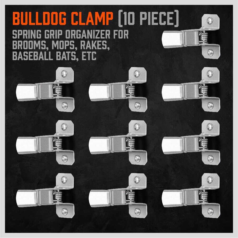 Wall-mounted spring grip clamp hooks with silver metal brackets and bar clips