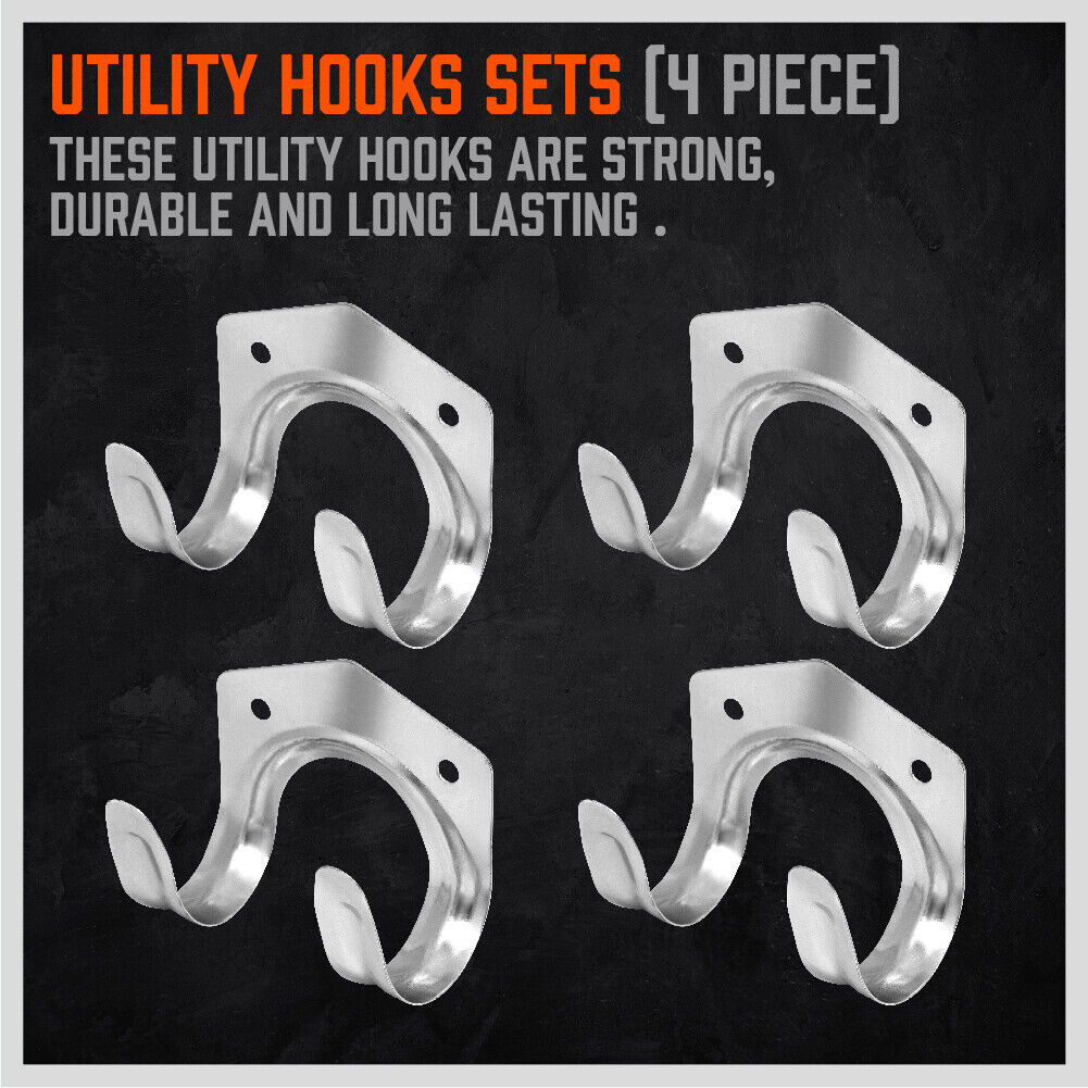 Wall-mounted utility hook set with four silver metal hook brackets and curved prongs