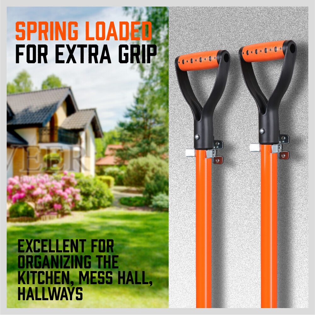 Wall-mounted spring grip mop holder clips, two black U handles with orange grips and screws