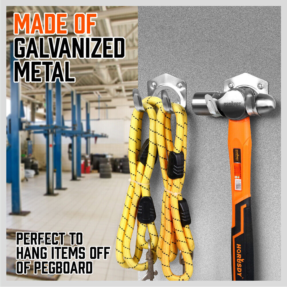 Wall-mounted spring grip mop holder clips, black U grips with orange handles and galvanized metal