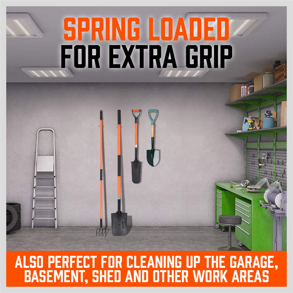 Wall-mounted spring loaded tool holder hooks with orange grips and metal mounting clips
