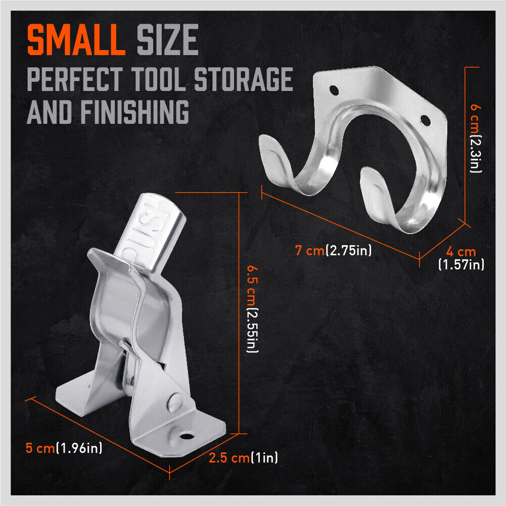 Wall-mounted spring grip tool hook bracket with curved silver prongs and mounting plate