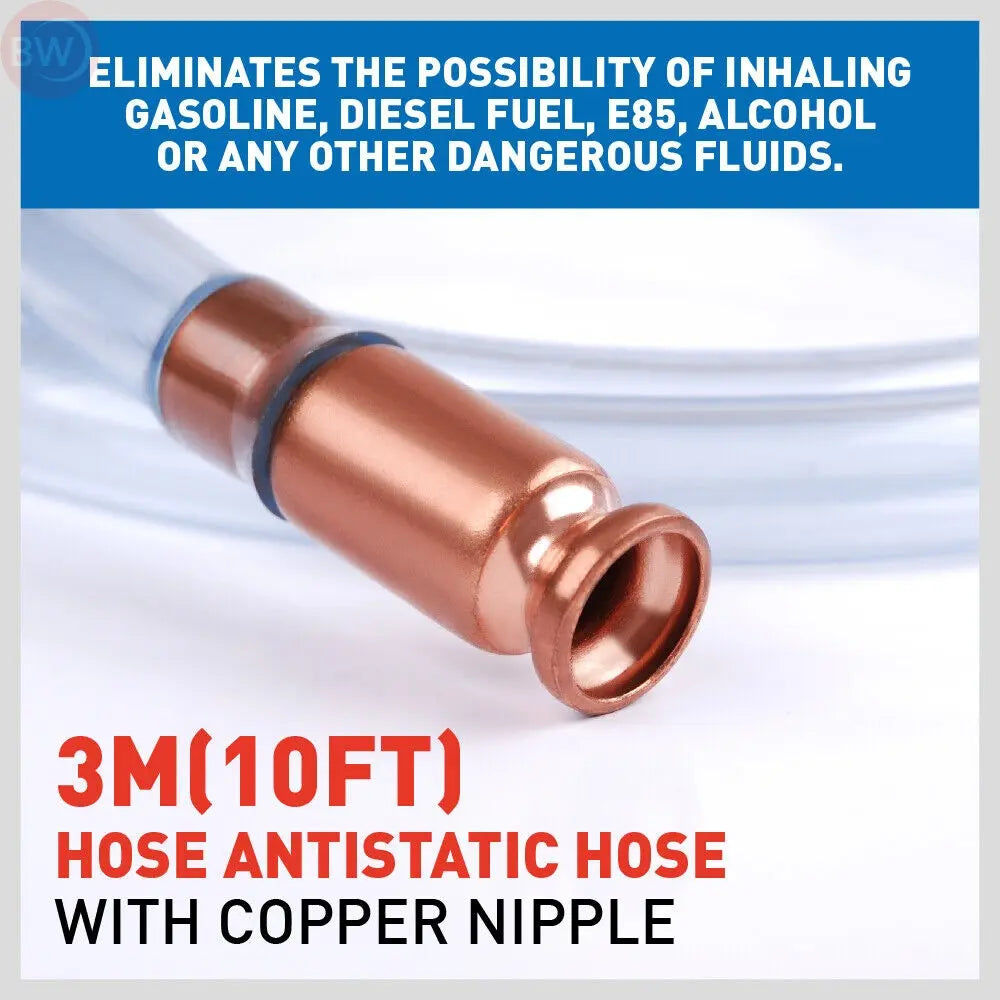 Copper siphon hose pump connector with black hose ring and clear tubing