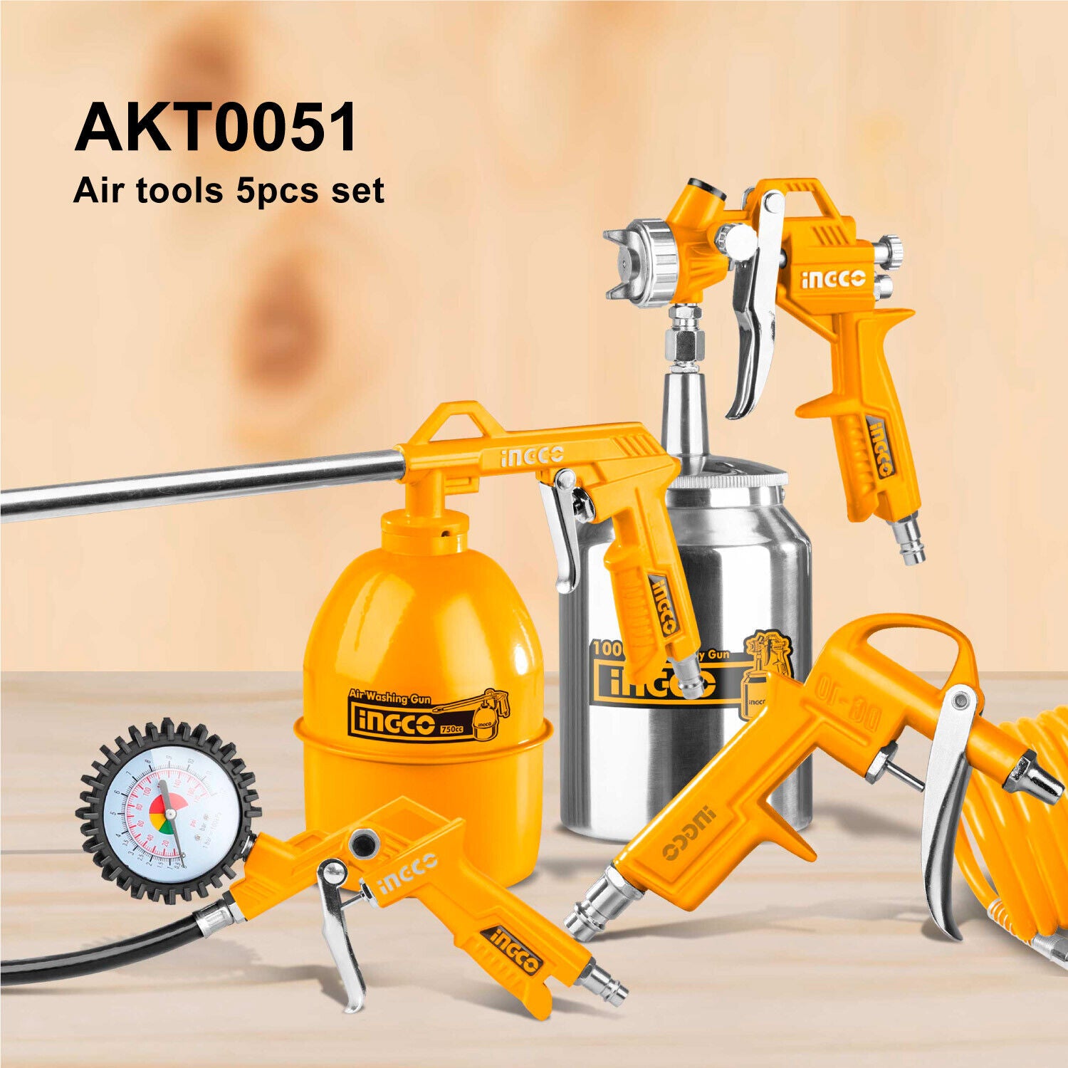 Ingco air tool set with paint sprayer, air blower, inflating gun, and hose