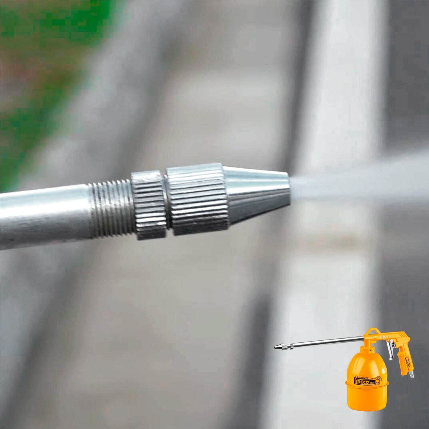 Metal air hose coupler with threaded connector and small yellow spray tool