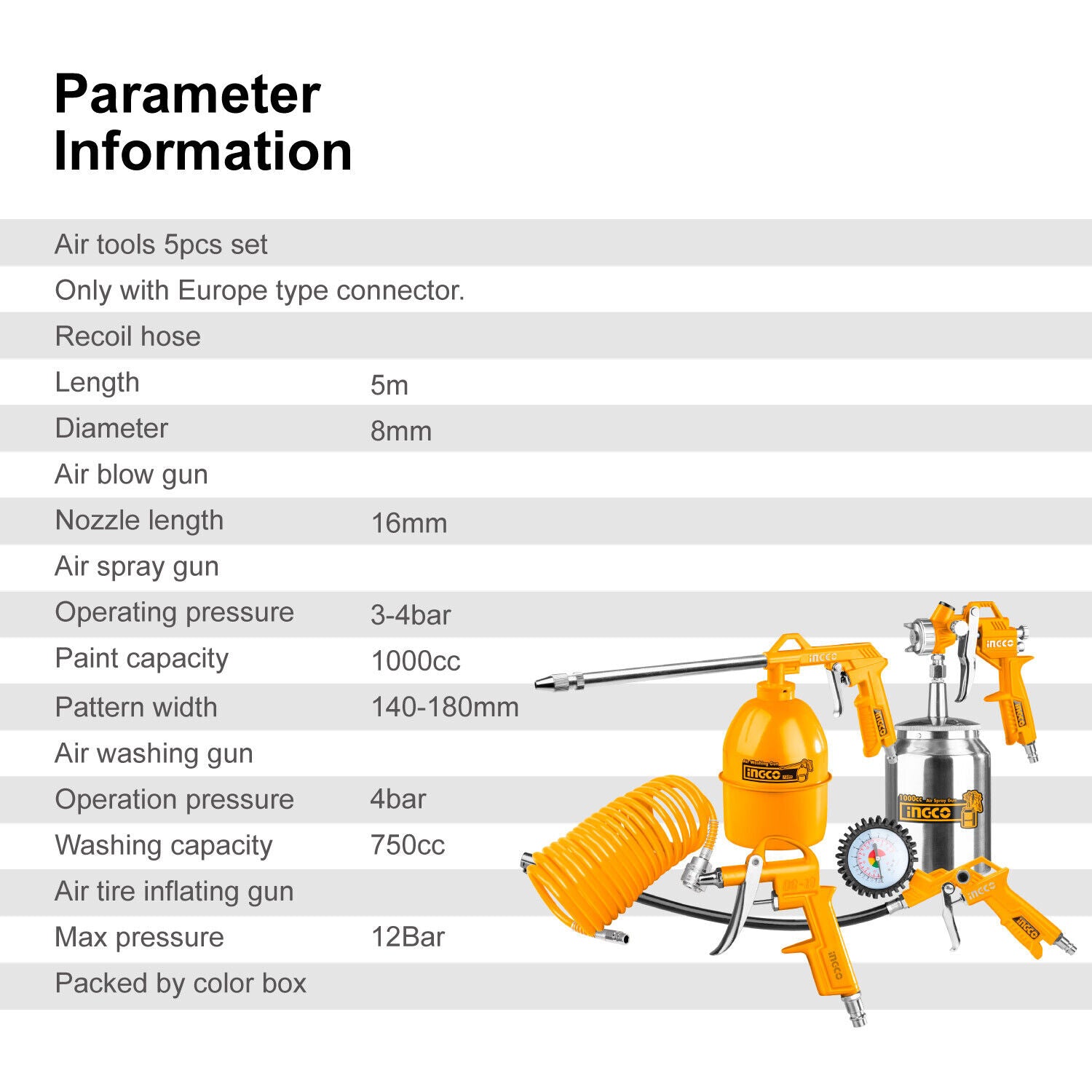 Ingco 5-piece air tools set diagram with sprayer, blower, and inflating gun