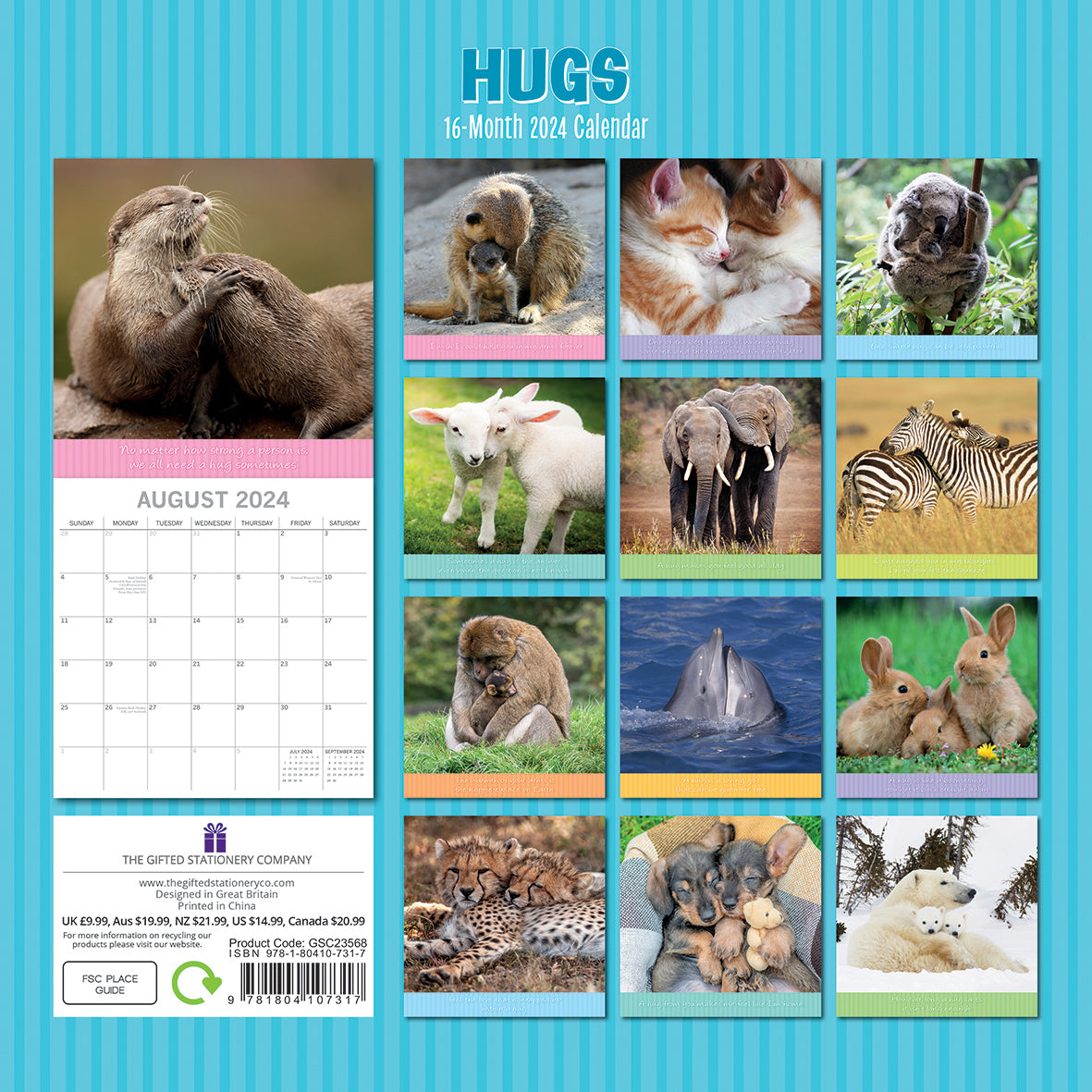 Hugs - 2024 Square Wall Calendar Pets Animals 16 Months Premium Planner New Year