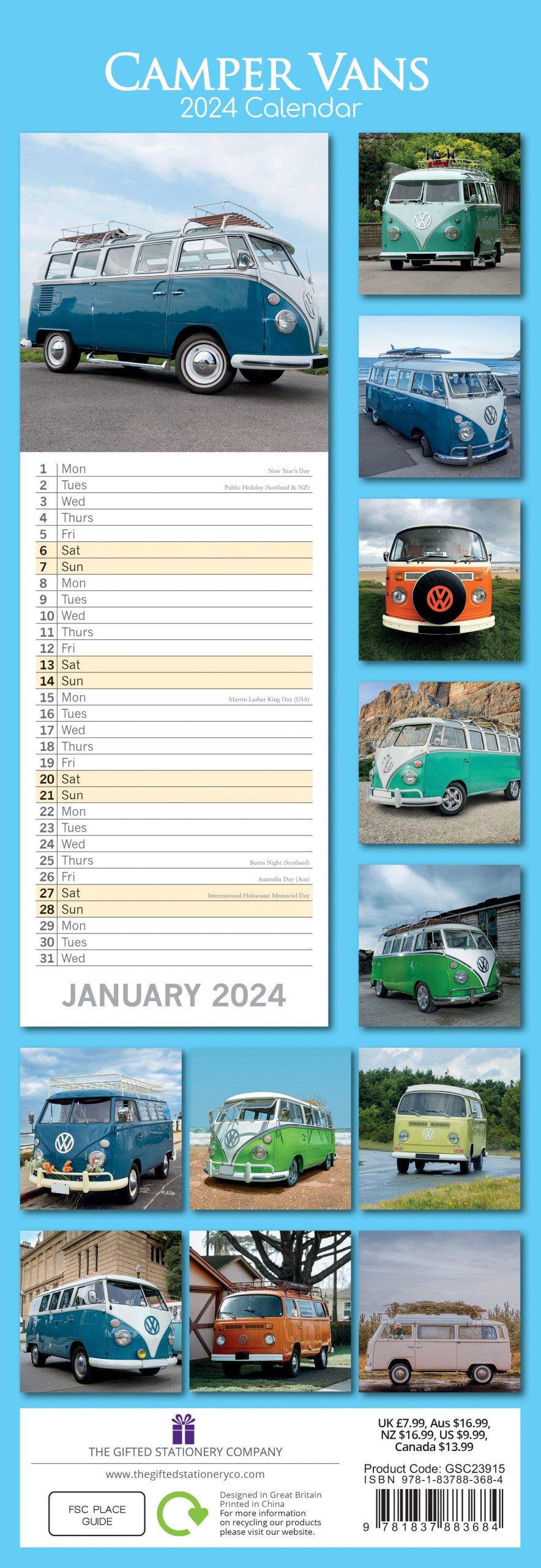 Camper Vans - 2024 Slimline Slim Wall Calendar Hanging Planner New Year Gift