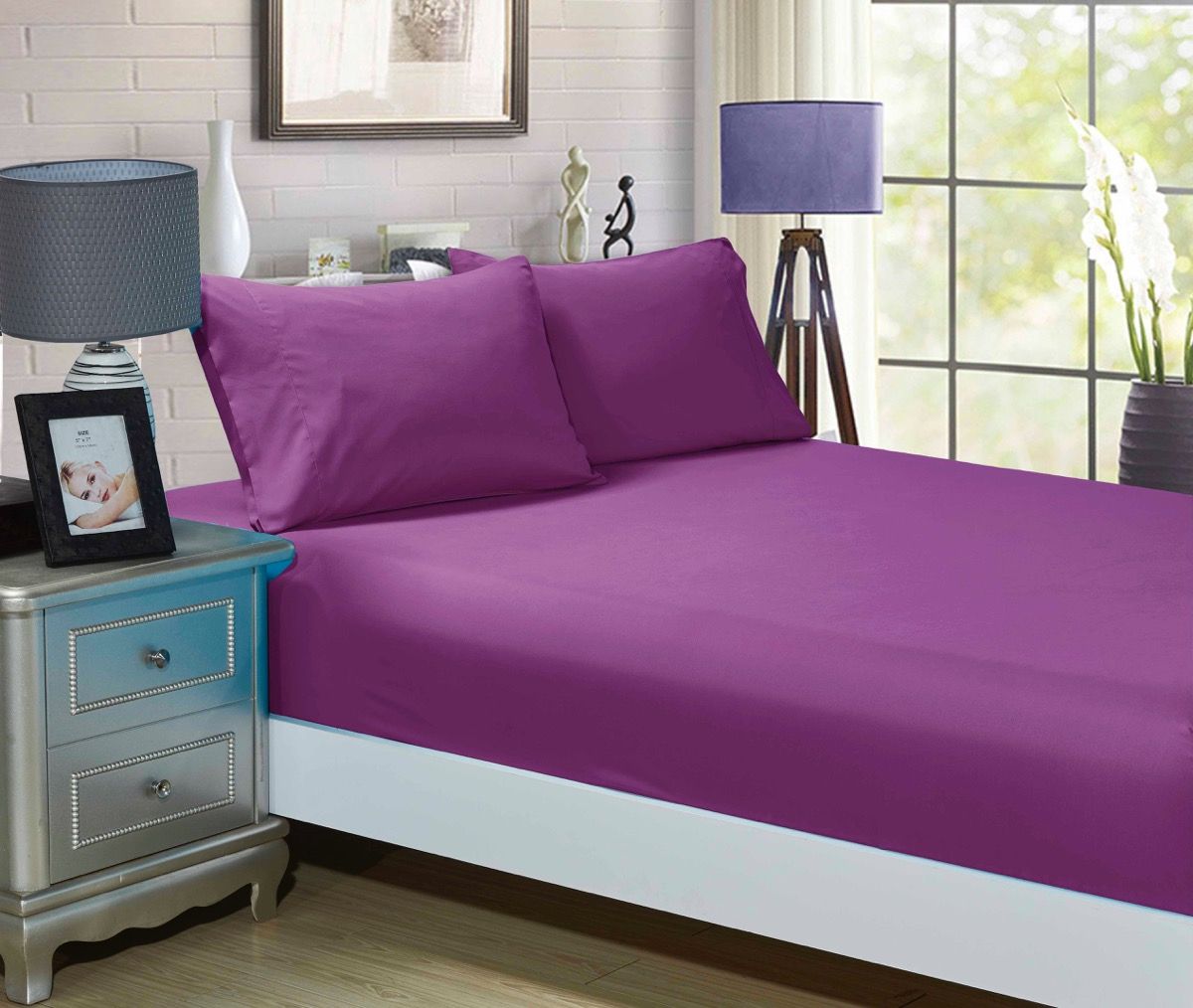 Purple fitted sheet and two pillowcases set for king bed