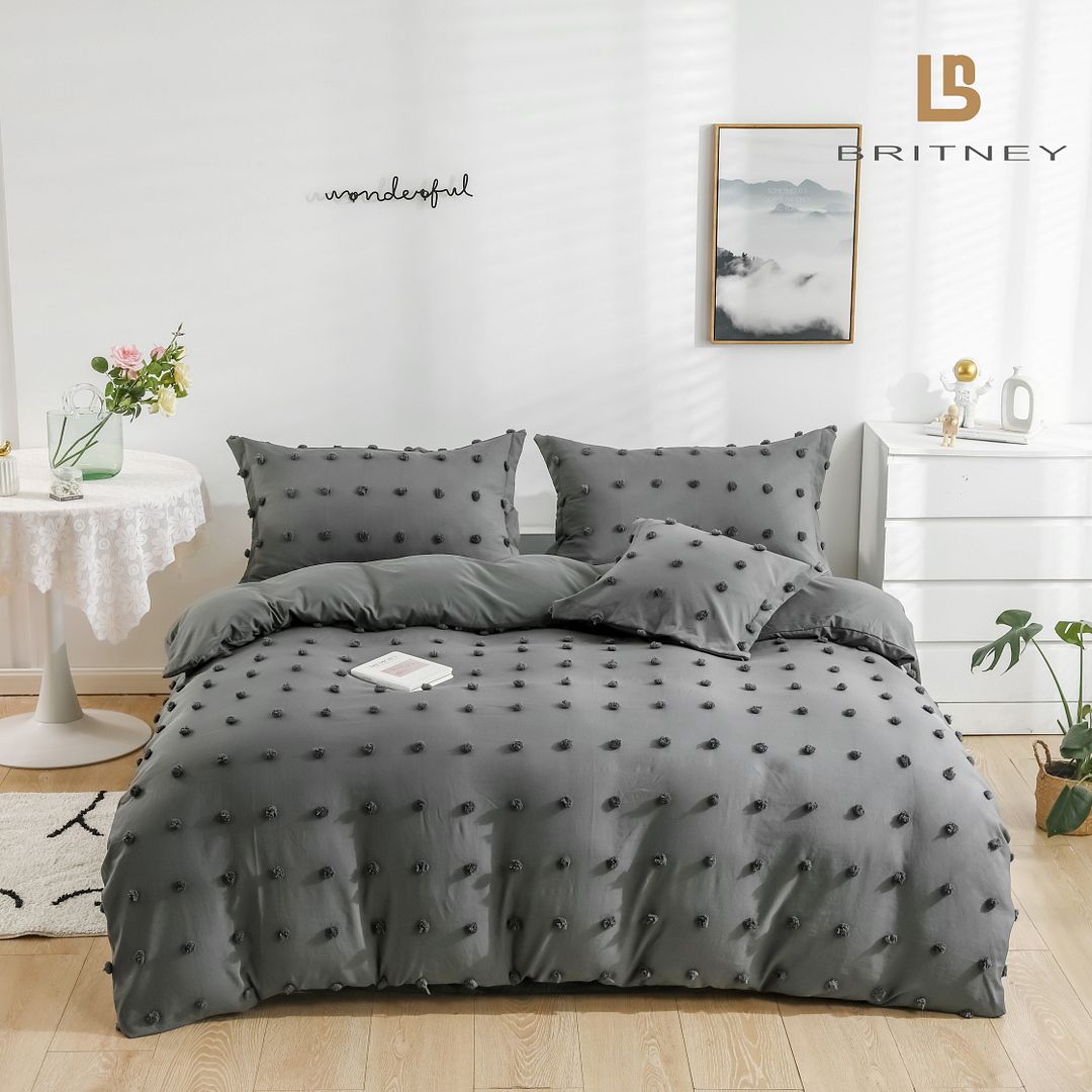 Tufted Dot Jacquard Super King Size Grey Duvet Quilt Cover Set