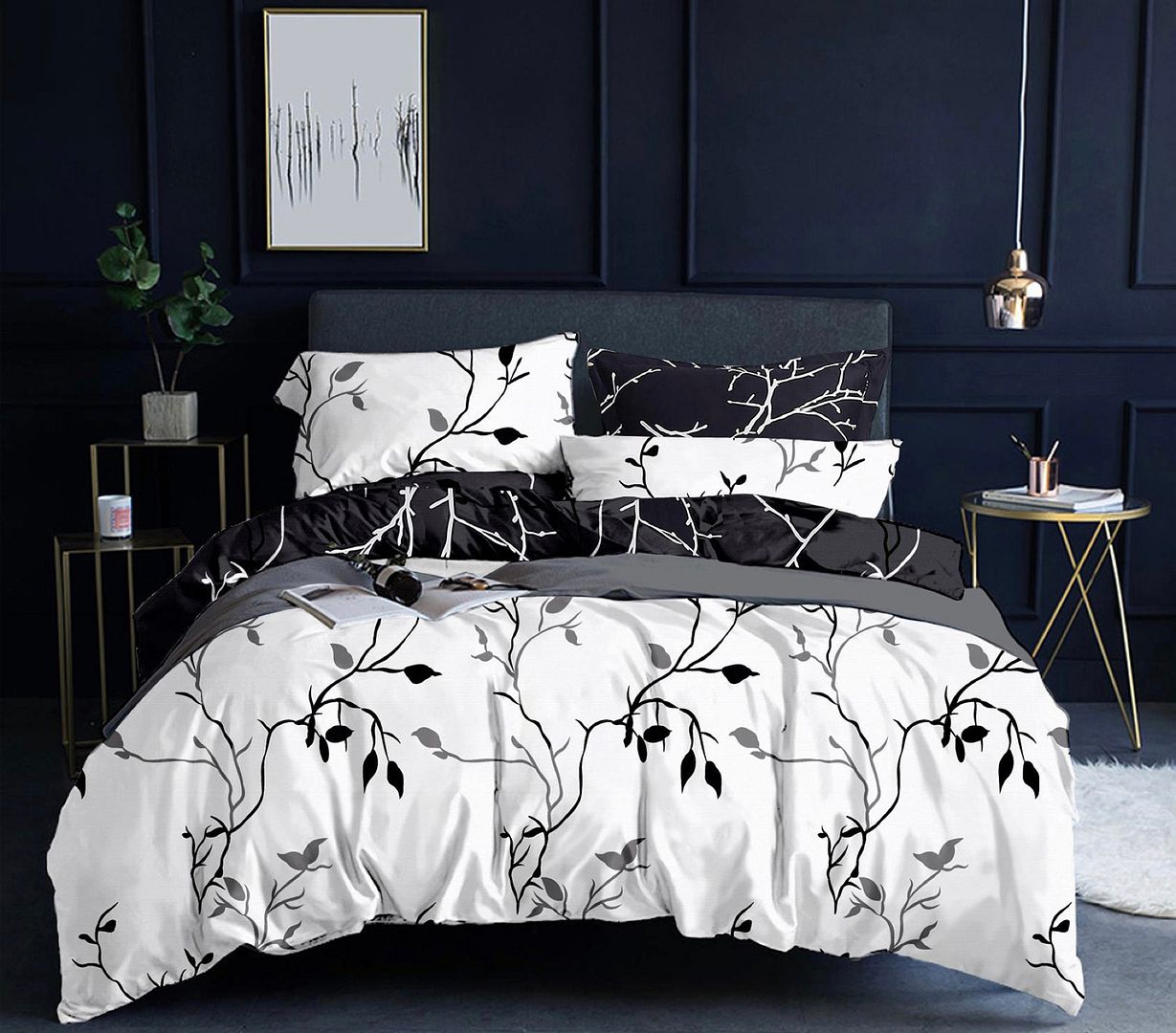 Tree Reversible King Size Bed Quilt/Duvet Cover Set Black